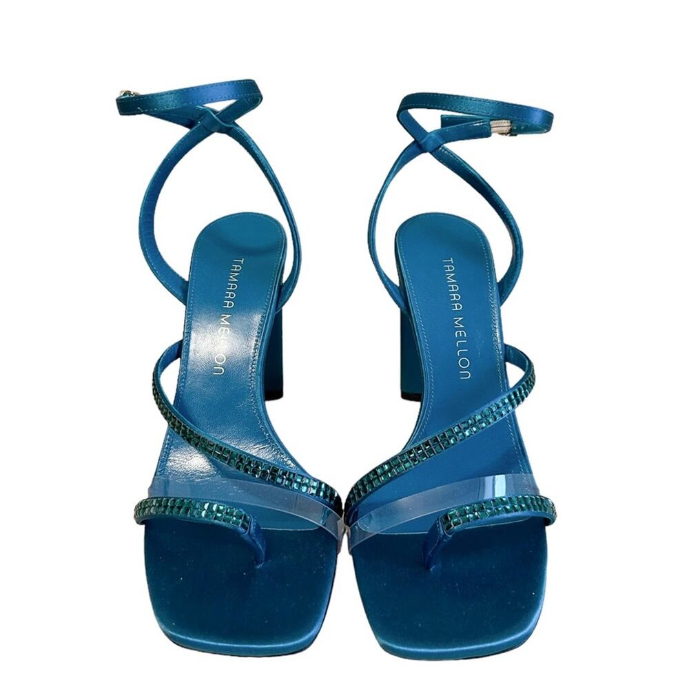 Tamara Mellon High Stakes 100 Toe Loop Blue Green Crystal High Heel Sandals 37.5